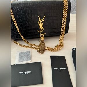 YSL Kate Medium Chain Bag With Tassel In Crocodile Embossed Shiny Leather